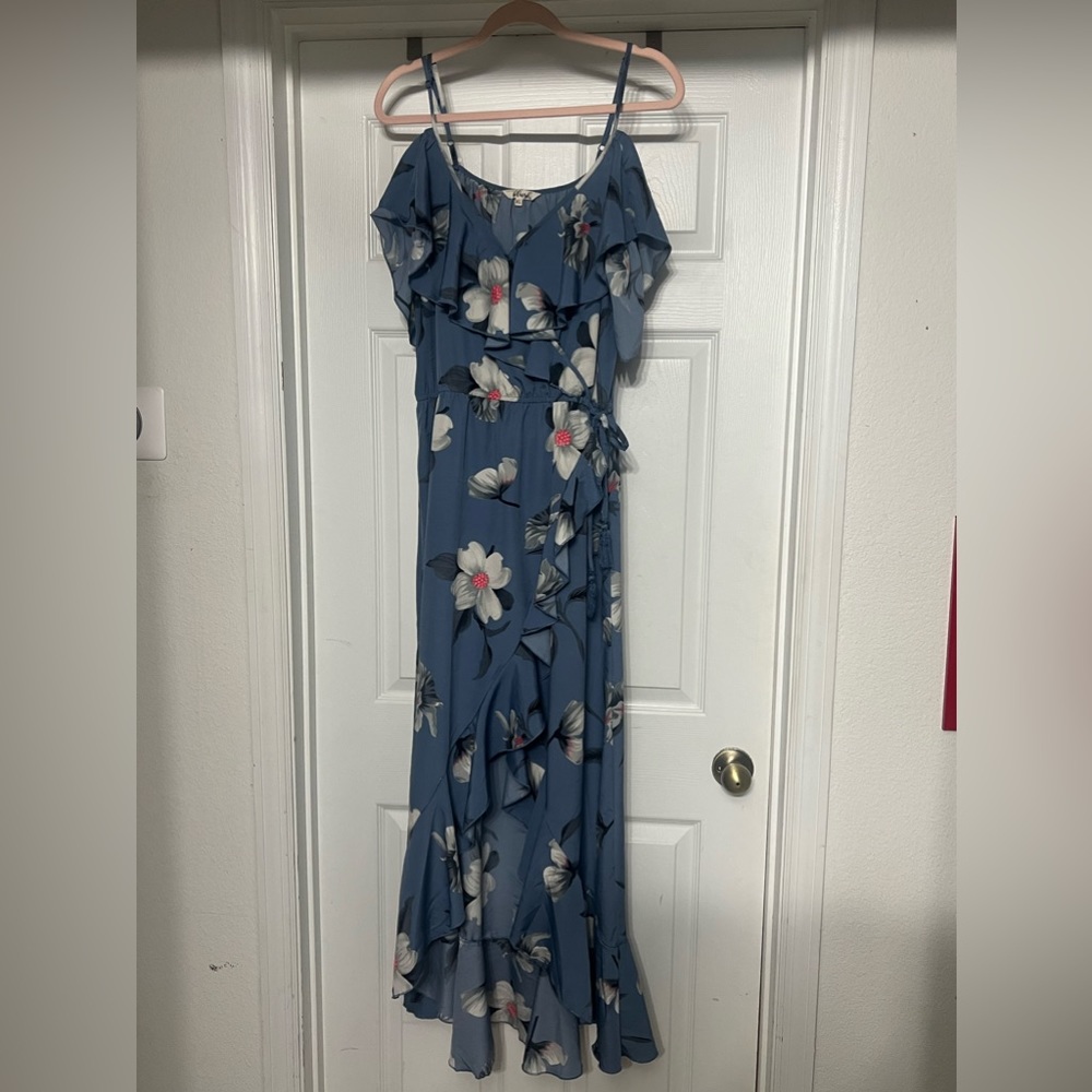 Hint of Blush Blue Floral Wrap Dress